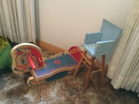 8 Miscellaneous doll high chair and wood rocking horse.