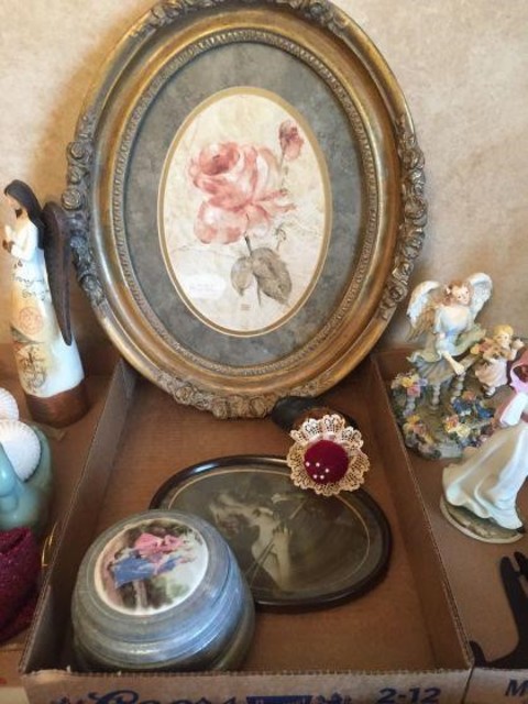 97 Miscellaneous Framed Cupid picture, dresser box, pin cushion &.